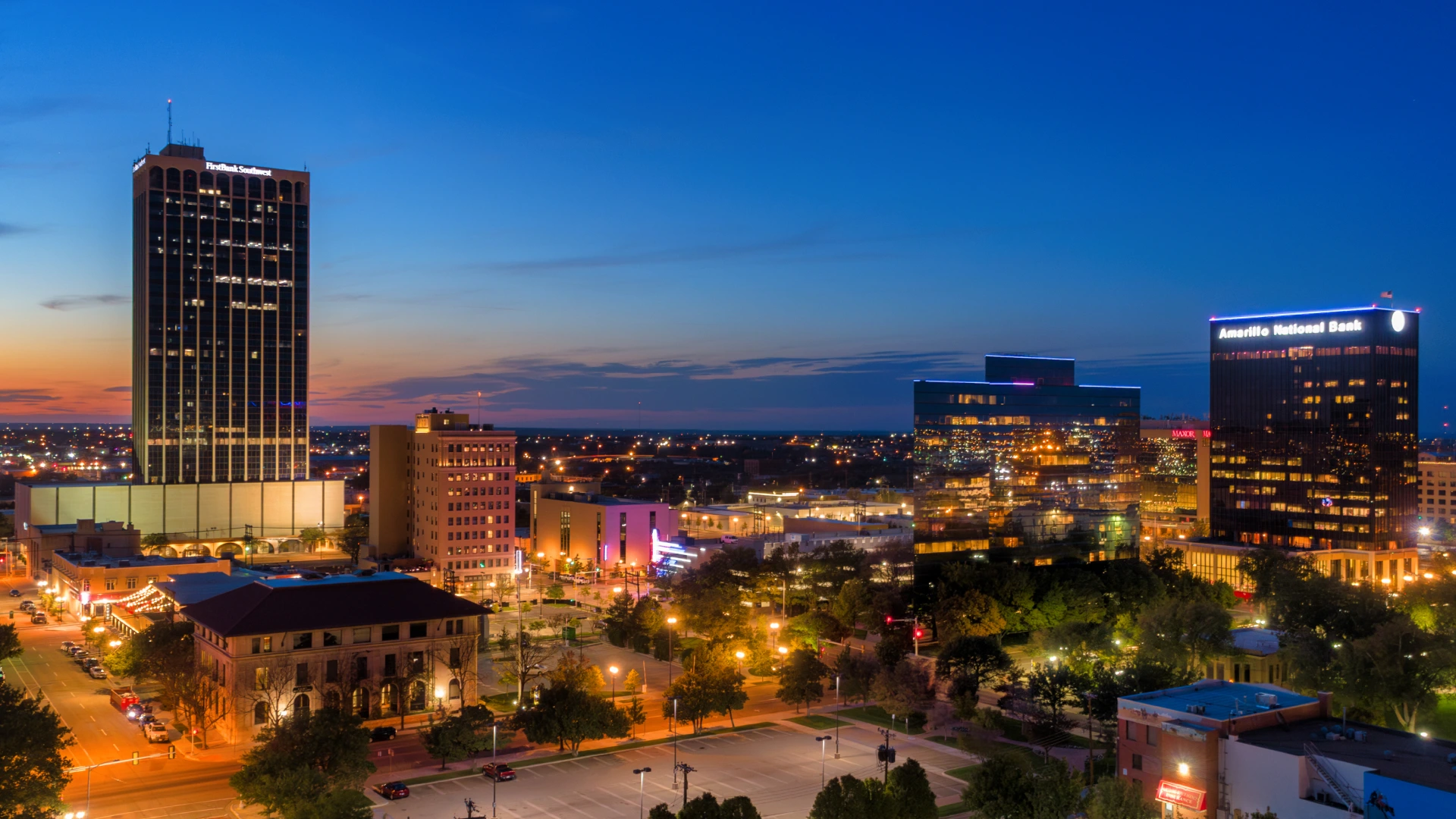 The skyscrapers and city skyline of Amarillo at night.