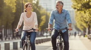 A couple biking on a street.
