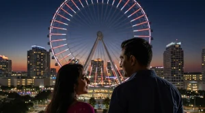 A couple staying in front of the Wheel in Icon Park, Orlando.