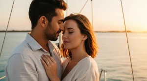 A couple enjoying the sunset from a sailboat in Key West.