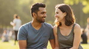 A couple sitting together in military park in Newark.