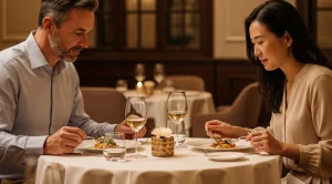 A couple enjoying dinner in a luxury restaurant.