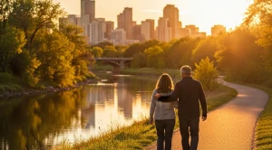 A couple walking cherry creek trail in denver, colorado.