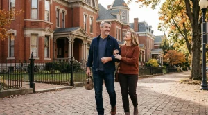 A couple strolling through historic homes in evansville, indiana.
